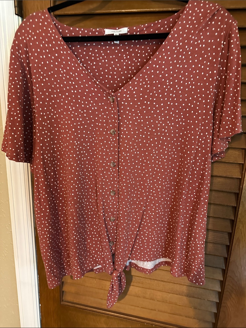Maurices Rust Red White Polka Dot Button-Front Tie Hem Top